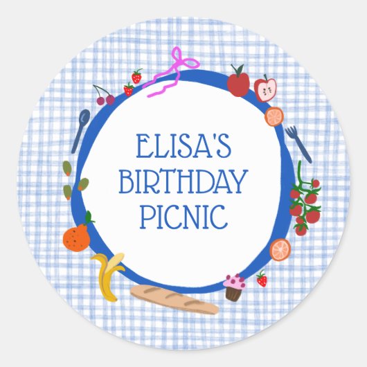 Gingham Picnic Modern Schattige AANGEPAST VERJAARD Ronde Sticker (Voorkant)