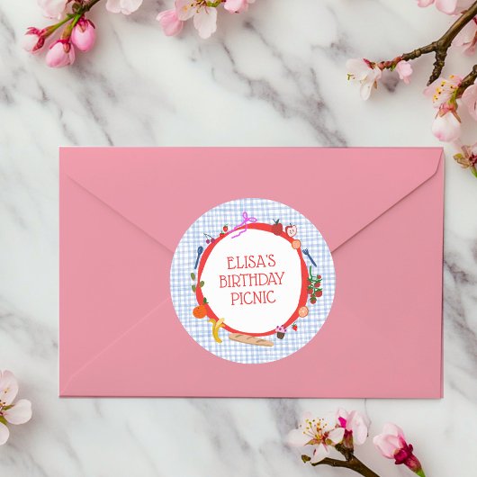 Gingham Picnic Modern Schattige AANGEPAST VERJAARD Ronde Sticker