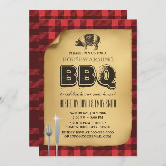  Gingham Pig Roast Housewarming BBQ Kaart (Voorkant / Achterkant)