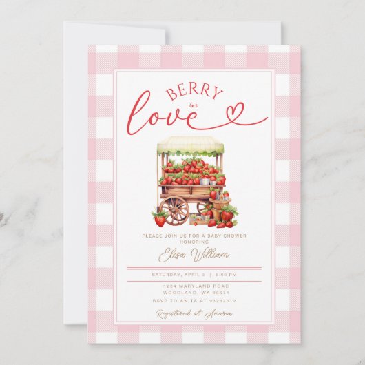 Gingham Pink Berry verliefd op baby shower Kaart (Voorkant)
