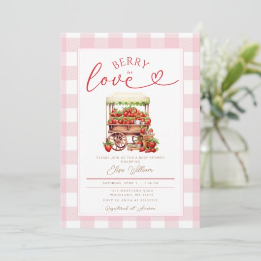 Gingham Pink Berry verliefd op baby shower Kaart (Staand voorkant)