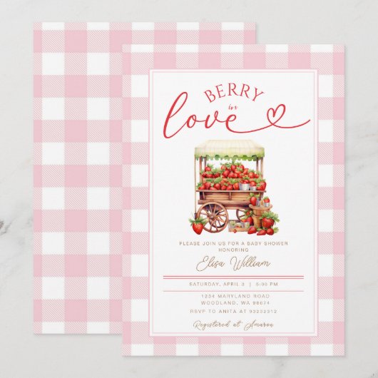 Gingham Pink Berry verliefd op baby shower Kaart (Voorkant / Achterkant)