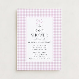 Gingham Pink Bow Baby Girl Baby Shower Invitation Kaart