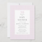 Gingham Pink Bow Baby Girl Baby Shower Invitation Kaart (Voorkant)