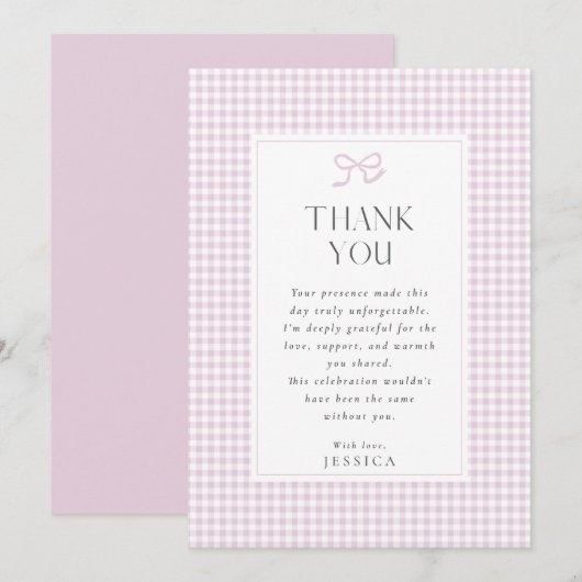 Gingham Pink Bow Baby Girl Thank You Card Kaart (Voorkant / Achterkant)