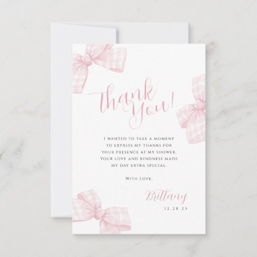 Gingham Pink Bow Baby shower bedankkaart (Voorkant)
