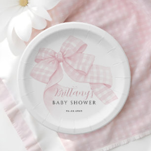 Gingham Pink Bow Baby shower Papieren Bordje