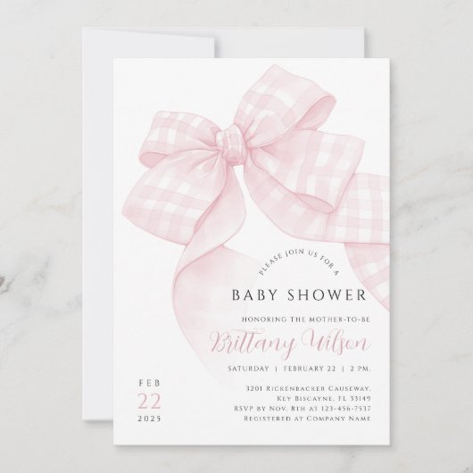 Gingham Pink Bow Baby shower Uitnodiging (Voorkant)