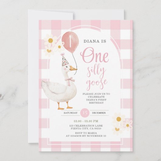 Gingham Pink Daisy Een Gekke Gans 1e Verjaardag Kaart (Voorkant)