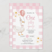 Gingham Pink Daisy Een Gekke Gans 1e Verjaardag Kaart (Voorkant / Achterkant)