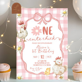 Gingham Pink Daisy One Cute Chick 1st Birthday Kaart