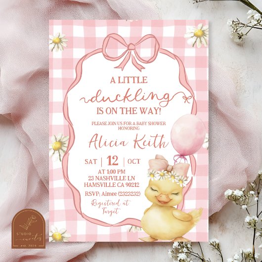 Gingham Pink Daisy Yellow Duck Baby Shower Kaart