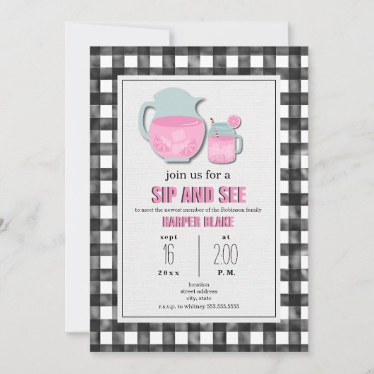 Gingham Pink Lemonade Sip & See Baby Invitation Kaart (Voorkant)