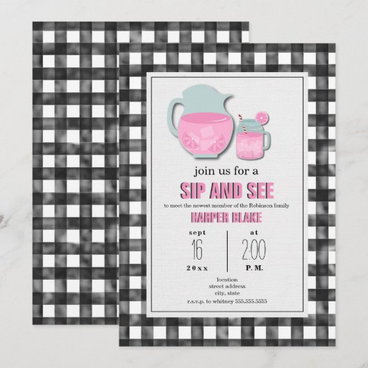 Gingham Pink Lemonade Sip & See Baby Invitation Kaart (Voorkant / Achterkant)