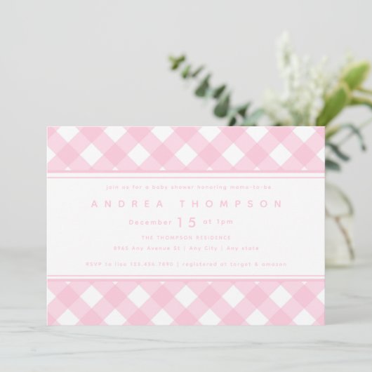 Gingham Pink | Meisje Baby shower Uitnodiging (Staand voorkant)
