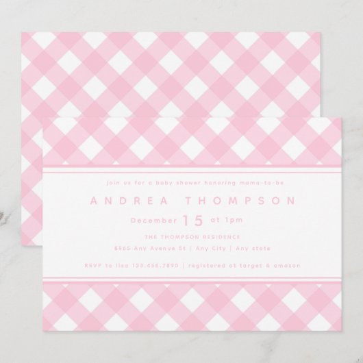 Gingham Pink | Meisje Baby shower Uitnodiging (Voorkant / Achterkant)