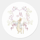 Gingham Pink Peter het Konijn Monogram Baby shower Ronde Sticker (Voorkant)