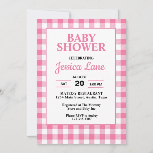 Gingham Pink Plaid Baby shower Invitation Kaart (Voorkant)