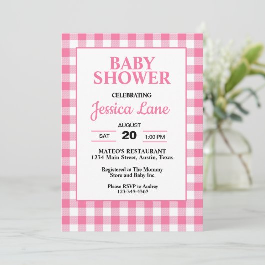 Gingham Pink Plaid Baby shower Invitation Kaart (Staand voorkant)