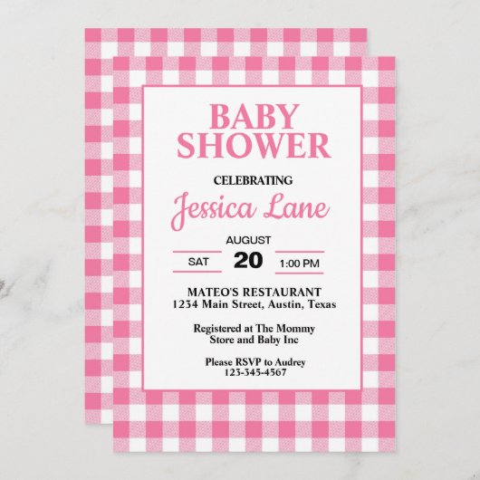 Gingham Pink Plaid Baby shower Invitation Kaart (Voorkant / Achterkant)