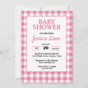Gingham Pink Plaid Baby shower Invitation Kaart