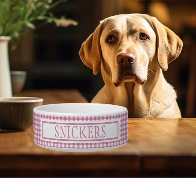 Gingham Pink Plaid Gepersonaliseerde naam Voerbakje (Creator heeft geüpload)