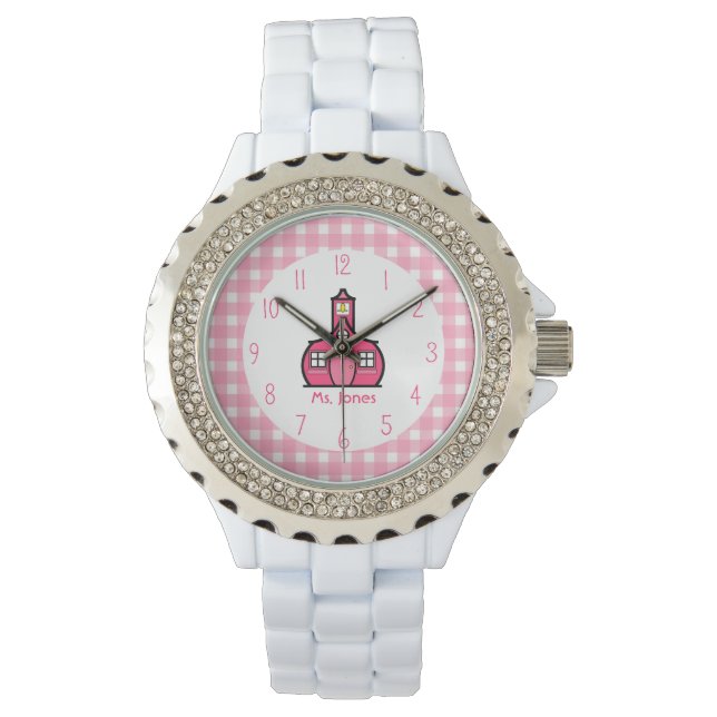 Gingham & Pink Schoolhouse Docent Watch Horloge (Voorkant)