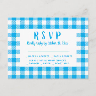Gingham Plaid Blauw Witte Rustieke Huwelijk RSVP Briefkaart