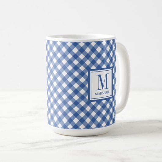 Gingham Plaid Blue Custom Name Birthday Koffiemok (Voorkant rechts)