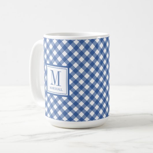 Gingham Plaid Blue Custom Name Birthday Koffiemok (Voorkant links)