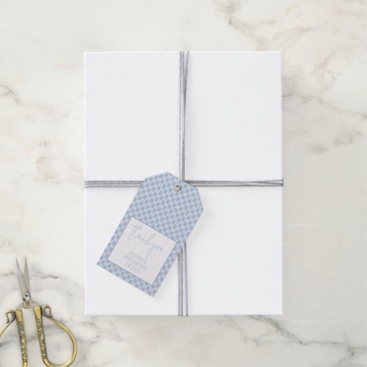 Gingham Plaid Pastel Stofblauw Baby Shower Cadeaulabel (Met Touw)
