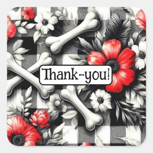 Gingham Plaid Zwart Wit Rood Bloemen Dank u Vierkante Sticker (Voorkant)