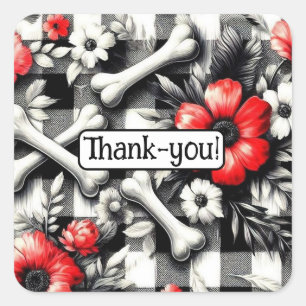 Gingham Plaid Zwart Wit Rood Bloemen Dank u Vierkante Sticker