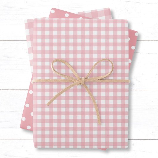 Gingham Polka Dot Pattern Peach Pink Mix en Match Inpakpapier Vel