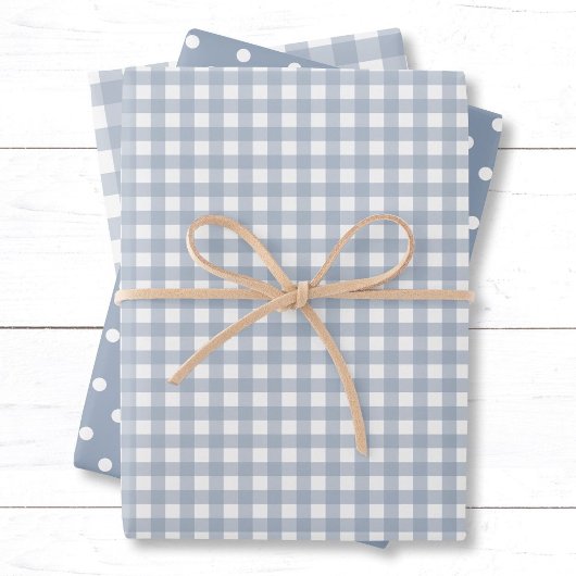 Gingham Polka Dots Dusty Blue Mix en Match Inpakpapier Vel