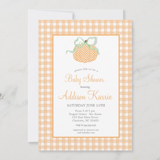 Gingham Pompoen Baby shower Invitation Kaart (Voorkant)