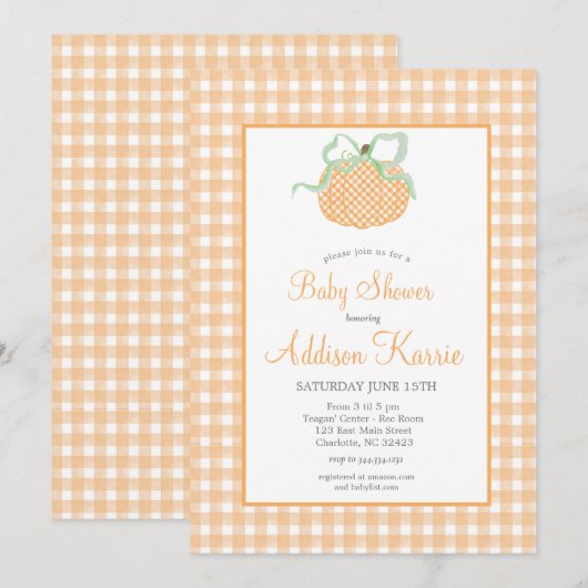 Gingham Pompoen Baby shower Invitation Kaart (Voorkant / Achterkant)
