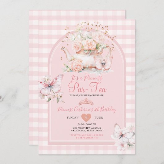 Gingham Princess ParTea Roze Vlinder Verjaardag Kaart (Voorkant / Achterkant)
