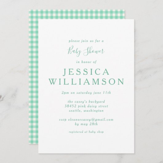  Gingham Pset in Mint Green Baby shower Kaart (Voorkant / Achterkant)