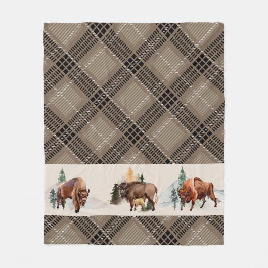 Gingham Pset Waterverf Bison Buffalo Rustic Fleece Deken (Voorkant)