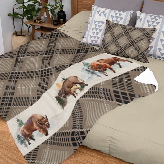 Gingham Pset Waterverf Bison Buffalo Rustic Fleece Deken