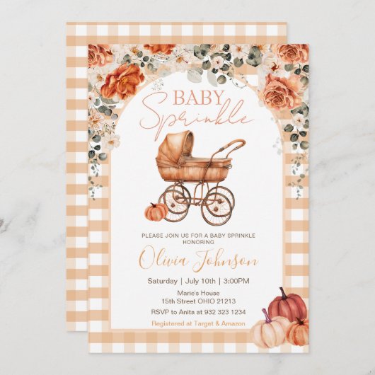 Gingham Pumpkin Stroller Baby Sprinkle Baby shower Kaart (Voorkant / Achterkant)