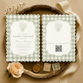 Gingham QR Code Sage Green Floral Bridal Shower Kaart