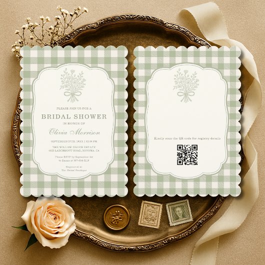 Gingham QR Code Sage Green Floral Bridal Shower Kaart