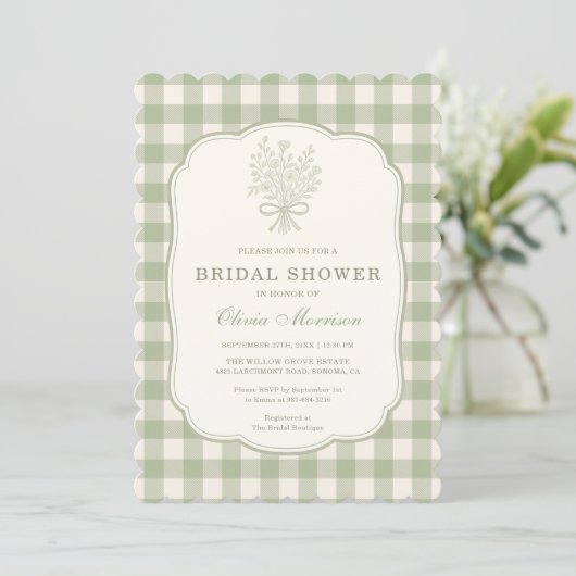 Gingham QR Code Sage Green Floral Bridal Shower Kaart (Staand voorkant)