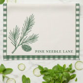 Gingham rand met dennenappelaccent op Dennennaald Theedoek (Gevouwen)