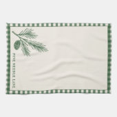 Gingham rand met dennenappelaccent op Dennennaald Theedoek (Horizontaal)
