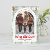 Gingham Red Green Christmas Custom Arch 5 Photo Feestdagenkaart (Staand voorkant)