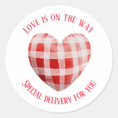 Gingham Red Heart 'Liefde is onderweg' Ronde Sticker (Voorkant)