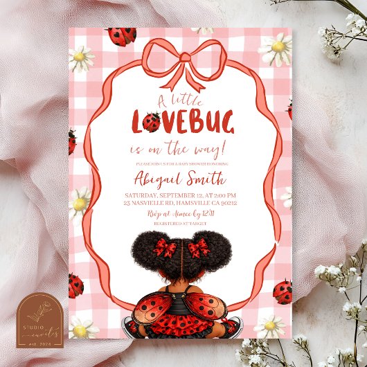  Gingham Red Ladybug Baby Shower Invitation Kaart